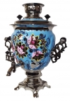 Самоварный набор с росписью "Цветы на голубом". Самовар 3 литра, чайник и поднос.