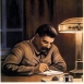 Плакат, изображающий Сталина за работой. рядом - наркомовская лампа