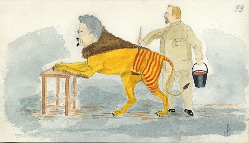 Фото: Карикатура.  Лев Каменев перекрашивает Троцкого из льва в тигра.