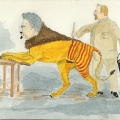 Карикатура.  Лев Каменев перекрашивает Троцкого из льва в тигра.