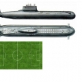 Размер самой крупной в мире атомной подлодки Акула  в сравнении с футбольным полем. 1976 год