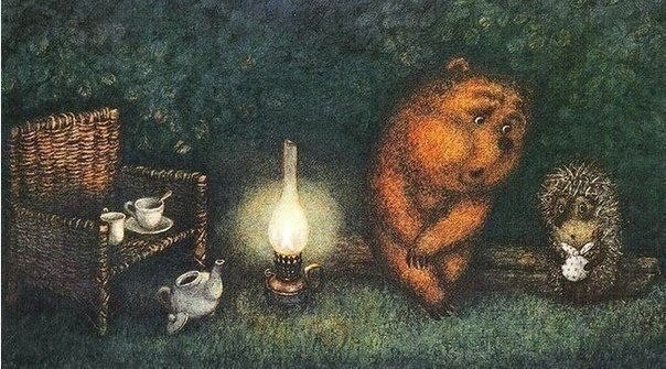 Фото: Ежик пьет чай с другом Мишкой. Мультфильм Ежик в тумане. 1975 год