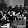 Главный обвинитель на Нюрнбергском процессе от СССР Роман Руденко выступает во Дворце Юстиции.