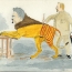 Карикатура.  Лев Каменев перекрашивает Троцкого из льва в тигра.