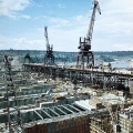 Панорама строительства водосливной плотины Братской ГЭС, сентябрь 1959