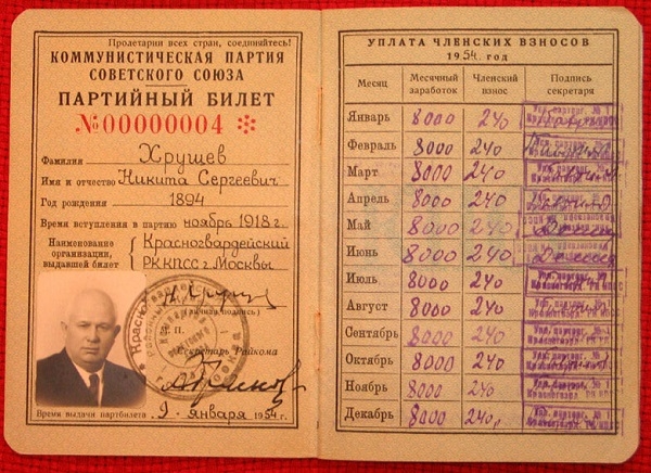 Фото: Партийный билет Н. С. Хрущева, 1954 год