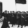 Военный парад в честь закладки на высшей точке Поклонной горы  гранитного камня. 23 февраля 1958 года