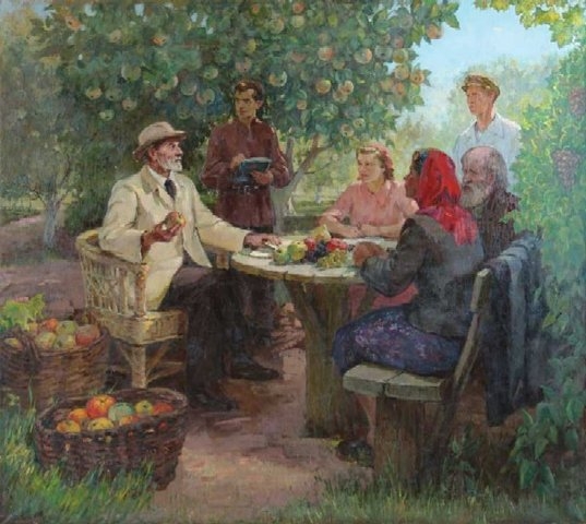 Фото: Художник П.И.Котов Мичурин со студентами